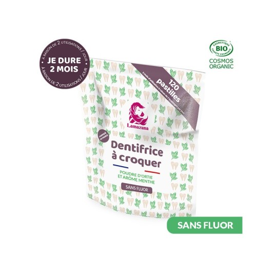 Dentifrice solide à croquer poudre d'ortie et menthe sans fluor Lamazuna