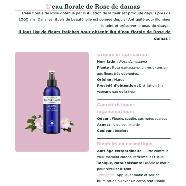 Fiche Hydrolat (Eau florale) de Rose bio - Saint Hilaire