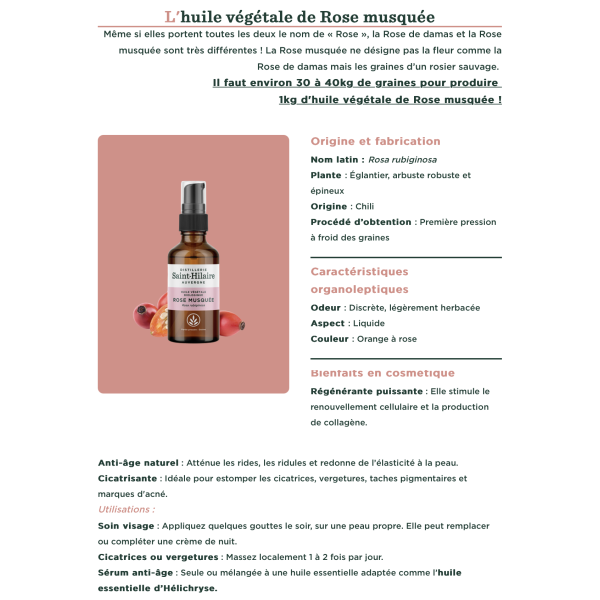 Fiche Huile végétale BIO de Rose Musquée - Saint Hilaire